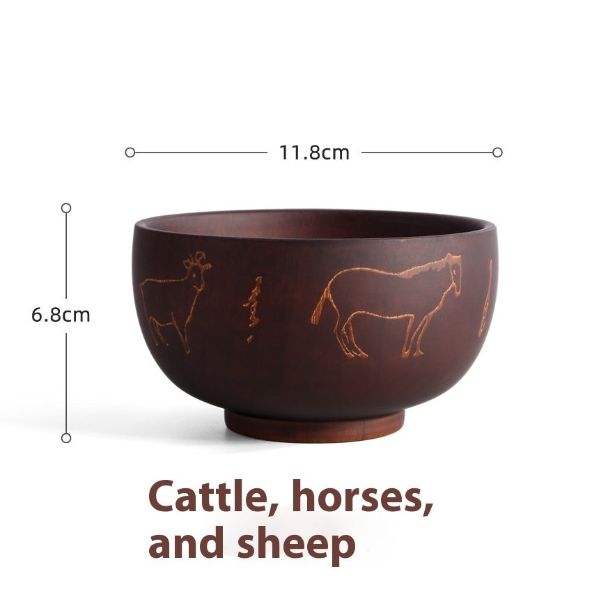 Ethnic Style Carved Pattern Wooden Bowl Tableware