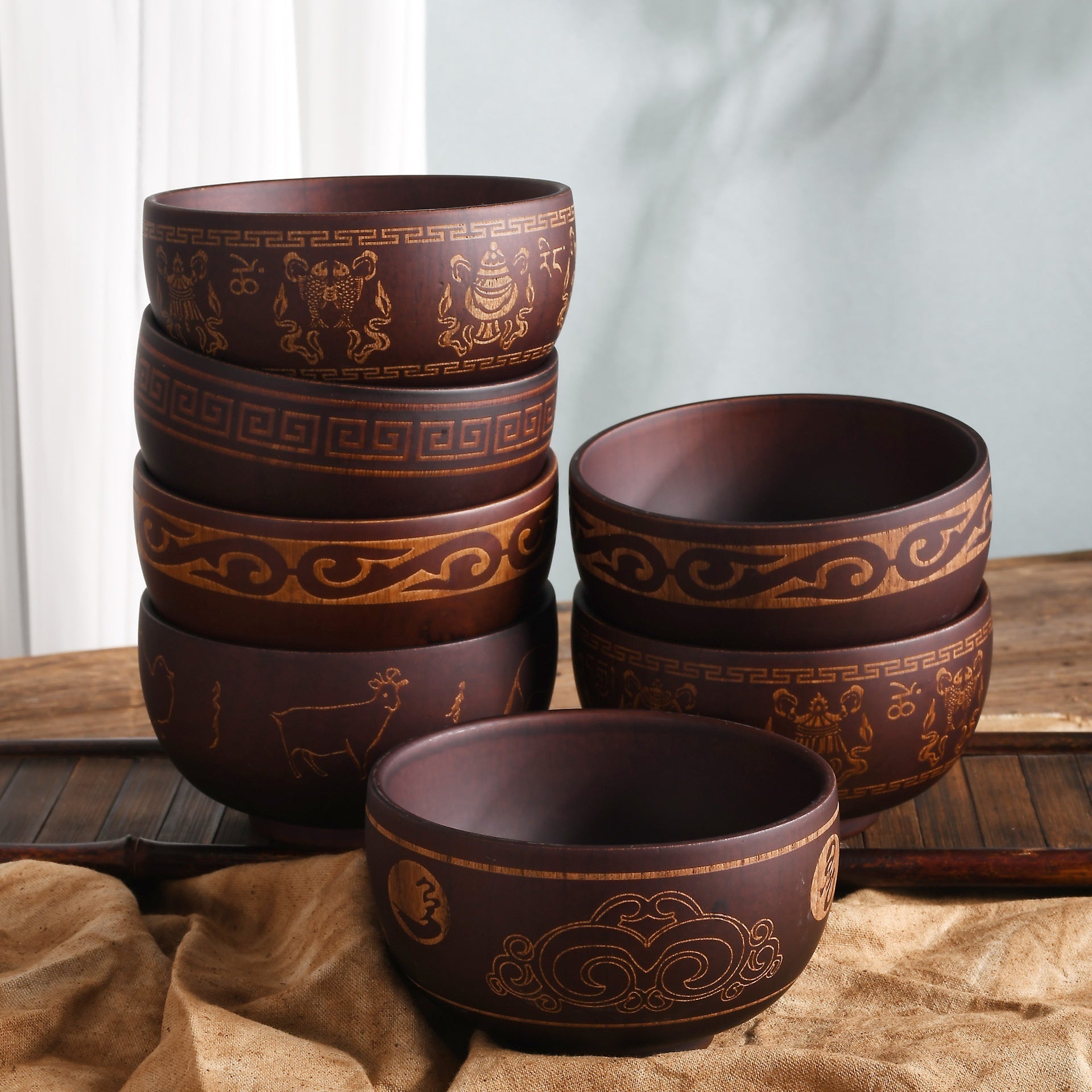 Ethnic Style Carved Pattern Wooden Bowl Tableware