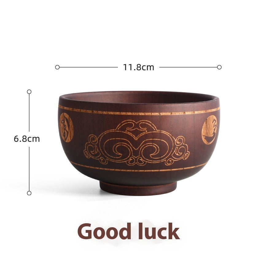 Ethnic Style Carved Pattern Wooden Bowl Tableware
