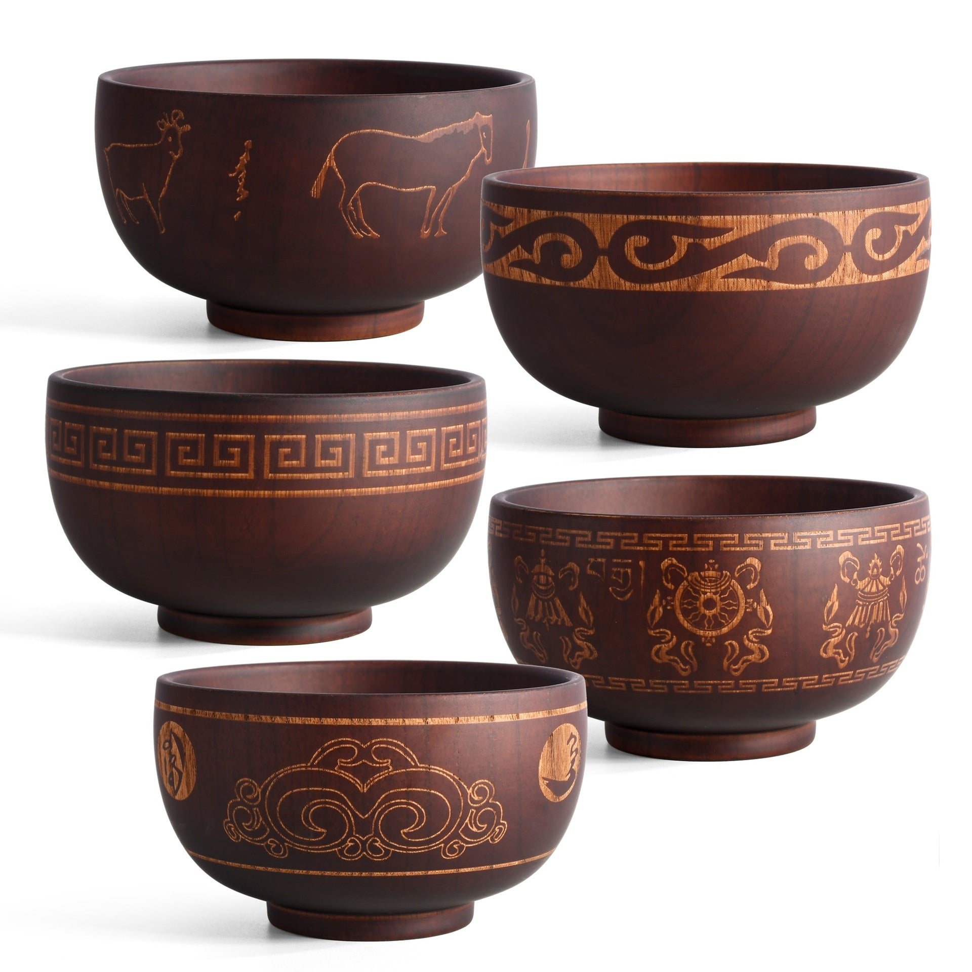 Ethnic Style Carved Pattern Wooden Bowl Tableware